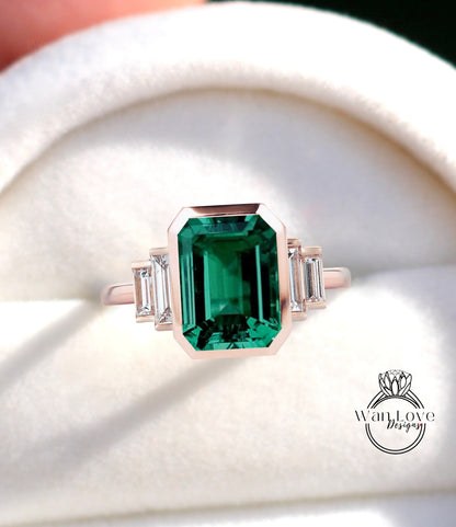 Emerald & Diamond Emerald cut Baguette Bezel 5 Gemstone Art Deco Moissanite Diamond Engagement Ring Custom Wedding Anniversary Gift