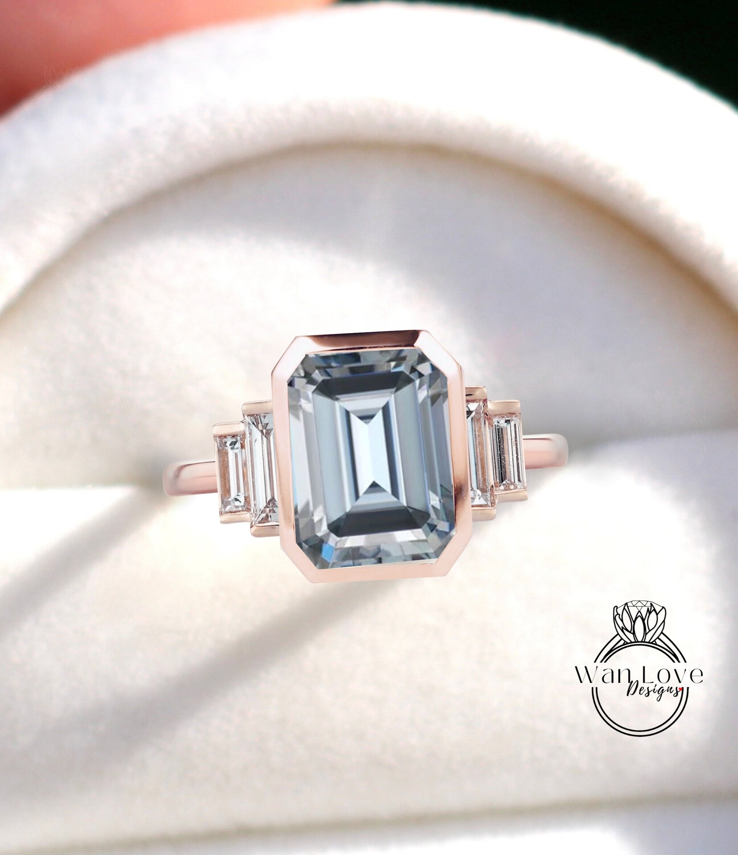 Gray Moissanite & Diamond Emerald cut Baguette Bezel 5 Gemstone Art Deco Moissanite Diamond Engagement Ring Custom Wedding Anniversary Gift