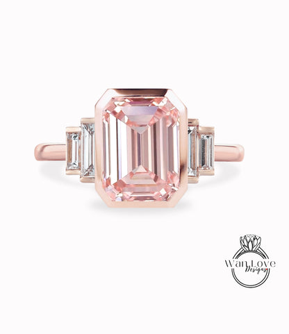 Peach Sapphire & Diamond Emerald cut Baguette Bezel 5 Gemstone Art Deco Moissanite Diamond Engagement Ring Custom Wedding Anniversary Gift