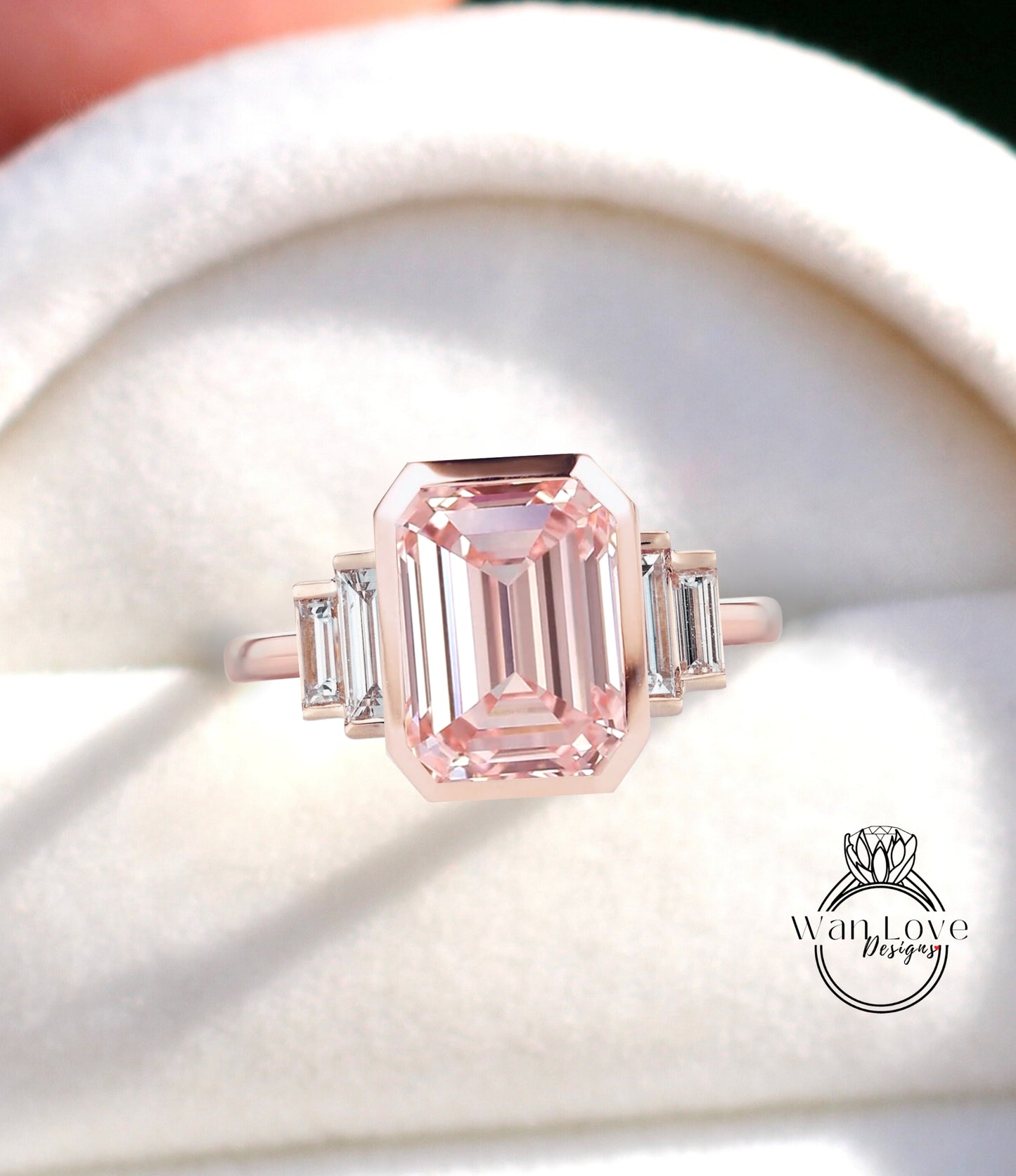 Peach Sapphire & Diamond Emerald cut Baguette Bezel 5 Gemstone Art Deco Moissanite Diamond Engagement Ring Custom Wedding Anniversary Gift