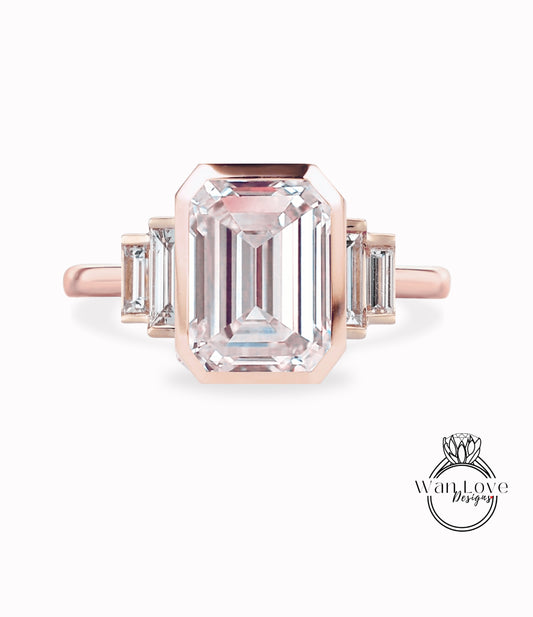 Anello di fidanzamento con alessandrite taglio cuscino mezzaluna Moissanite diamante oro rosa diamante art deco anello con tre pietre matrimonio anniversario nuziale