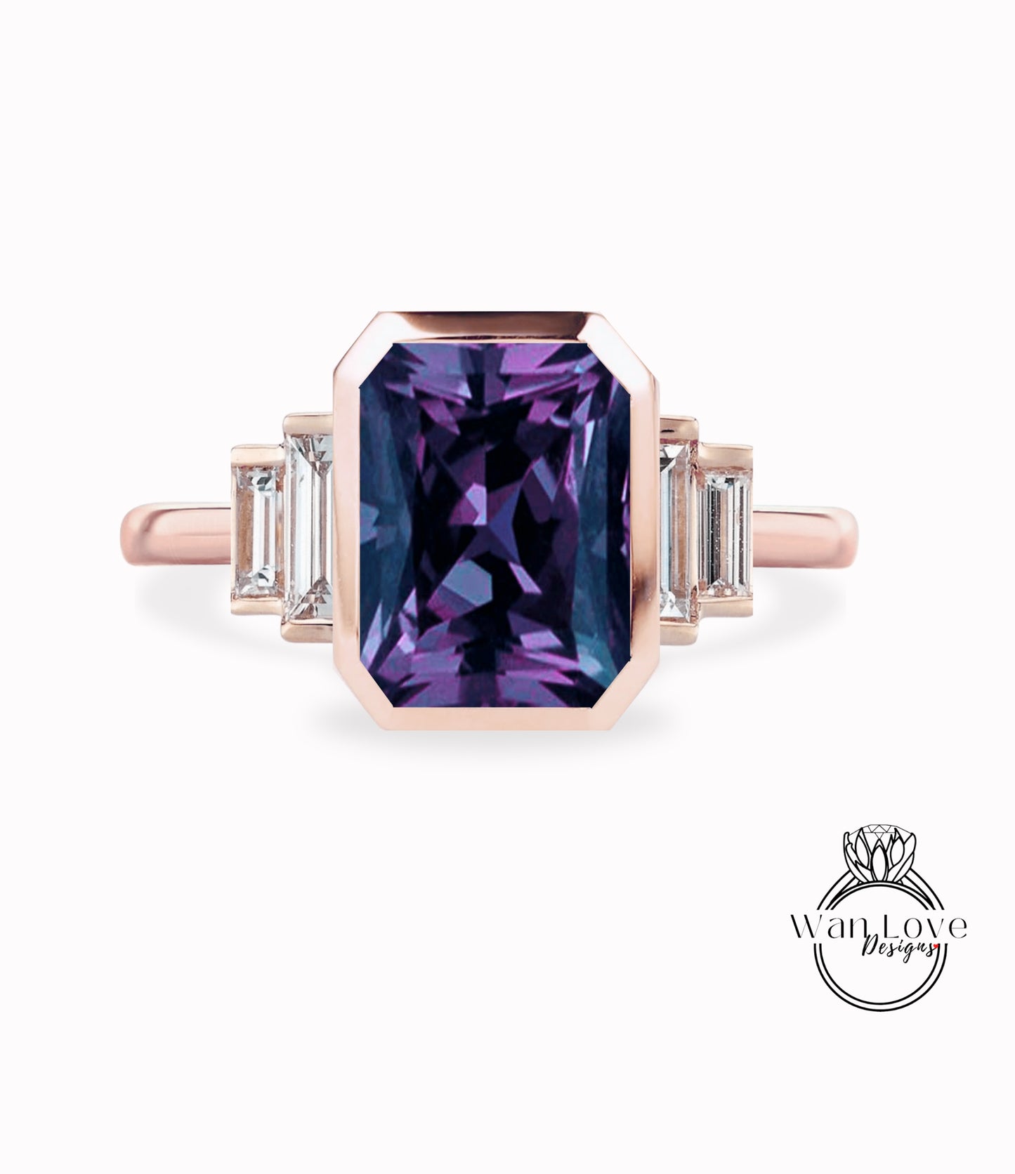 Purple Sapphire Color Change Alexandrite & Diamond Emerald cut Baguette Bezel 5 Gemstone Art Deco Moissanite Diamond Engagement Ring Custom Wedding Anniversary Gift