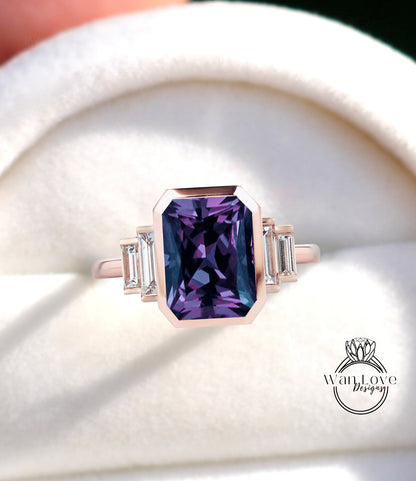 Purple Sapphire Color Change Alexandrite & Diamond Emerald cut Baguette Bezel 5 Gemstone Art Deco Moissanite Diamond Engagement Ring Custom Wedding Anniversary Gift