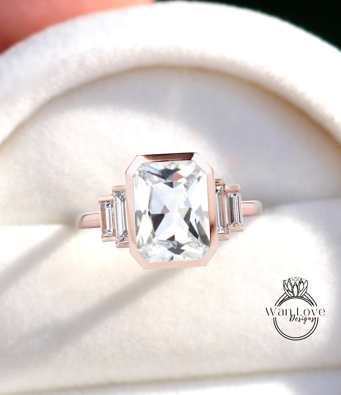 White Sapphire & Diamond Emerald cut Baguette Bezel 5 Gemstone Art Deco Moissanite Diamond Engagement Ring Custom Wedding Anniversary Gift