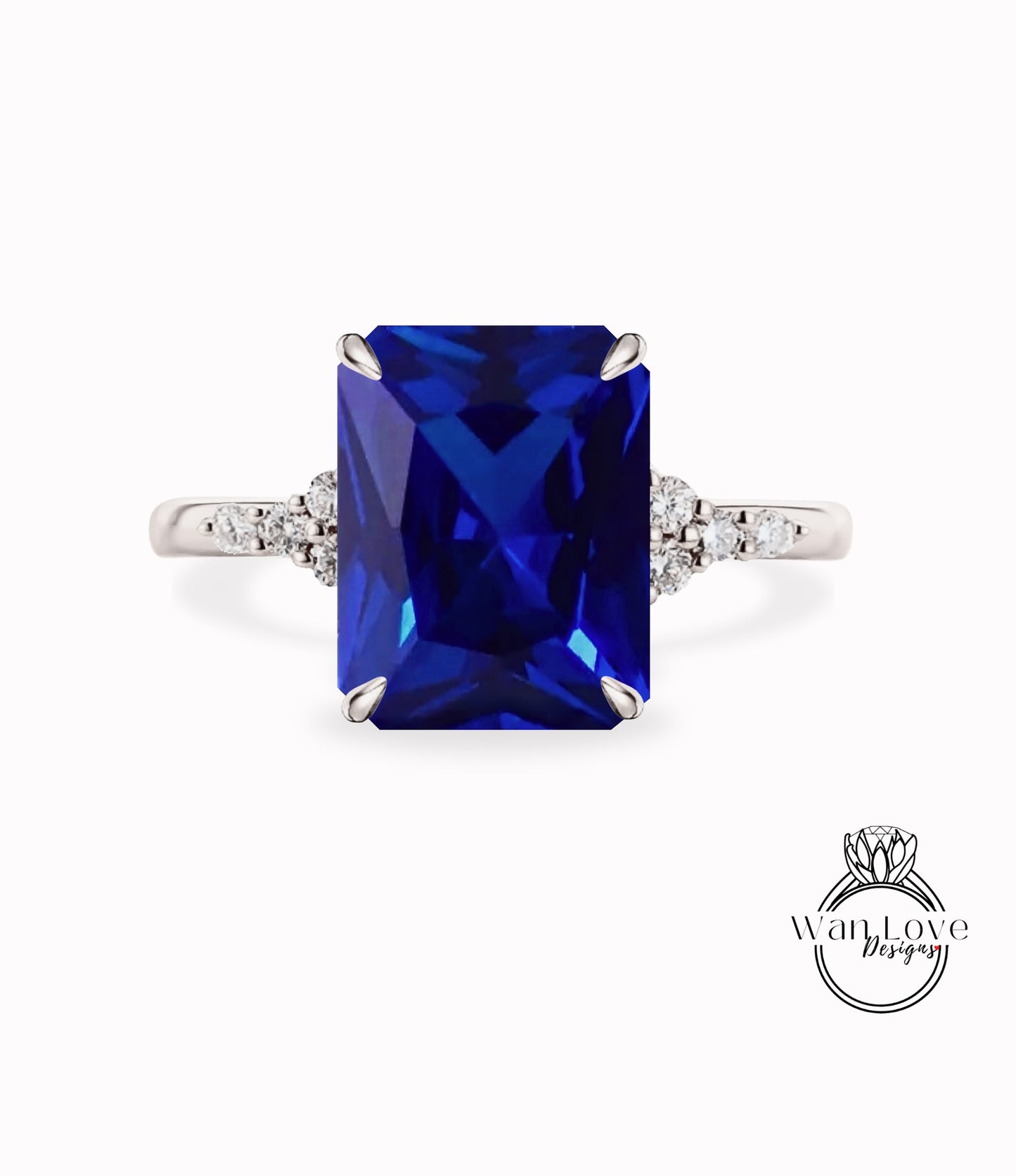 Anello di fidanzamento con zaffiro blu e diamante, Anello Halo laterale, Anello taglio smeraldo, Anello con gambo a fascia semplice, Anello personalizzato, Matrimonio o Anniversario