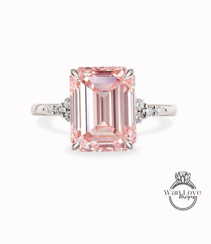 Anello di fidanzamento con zaffiro rosa chiaro con taglio smeraldo, diamante Moissanite vintage, anello di fidanzamento in oro rosa con cluster unico, regalo di promessa nuziale