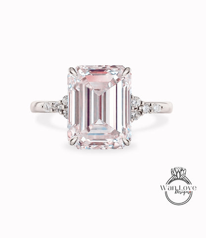 Emerald Cut Light Pink Sapphire engagement ring vintage Moissanite diamond Unique Cluster rose gold engagement ring Bridal promise gift