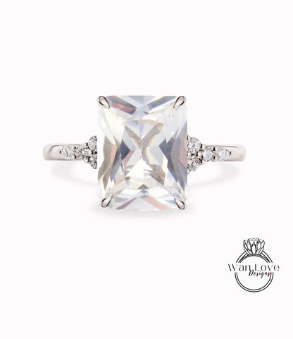 Anello di fidanzamento con zaffiro bianco vintage Diamante Moissanite taglio smeraldo Anello di fidanzamento in oro rosa a grappolo unico Regalo di promessa nuziale