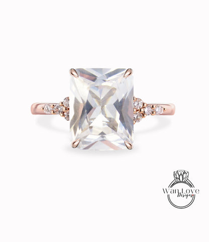 Anello di fidanzamento con zaffiro bianco vintage Diamante Moissanite taglio smeraldo Anello di fidanzamento in oro rosa a grappolo unico Regalo di promessa nuziale