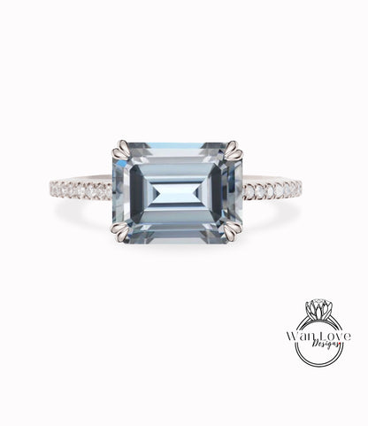 East West Grey Moissanite & Diamond Emerald cut half eternity Radiant Engagement Ring Art Deco Emerald Gray Ring wedding anniversary bridal promise ring