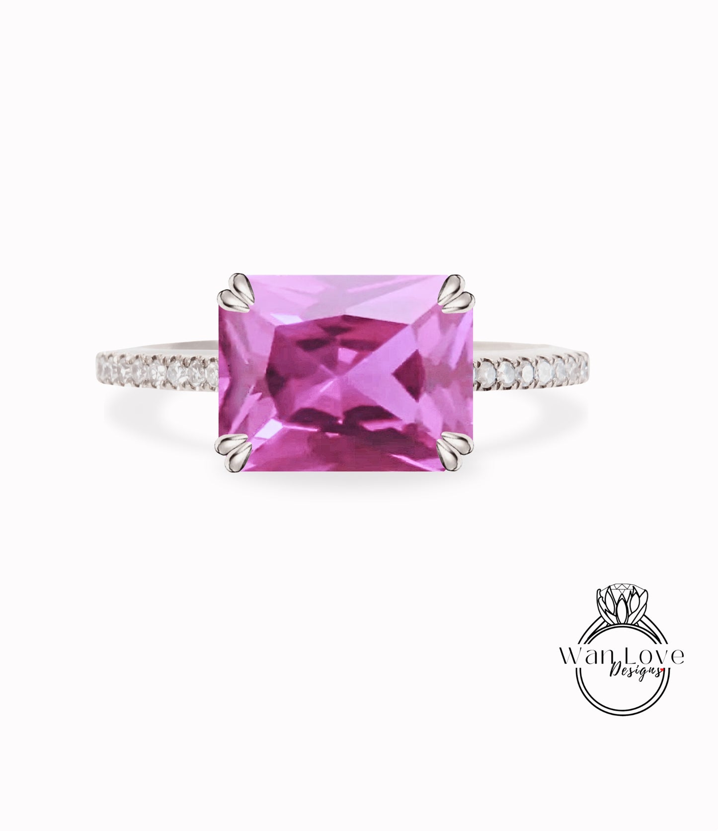 Pink Sapphire & Diamond East West Double prong Engagement Ring, Emerald cut Pink Sapphire ring, Custom, Wedding Anniversary Gift ring