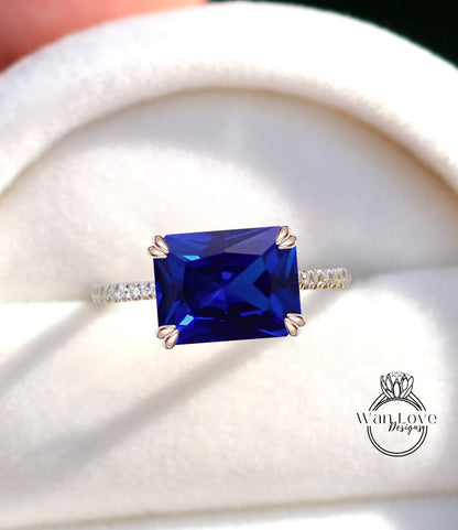 Blue Sapphire & Diamond East West Double prong Engagement Ring, Emerald cut Pink Sapphire ring, Custom, Wedding Anniversary Gift ring