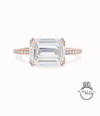 Emerald cut East West Diamond engagement ring antique rose gold Emerald cut lab diamond ring art deco unique proposal anniversary bridal ring