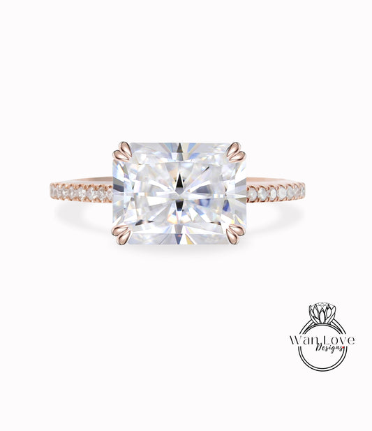 Radiant East West Moissanite Diamonds Engagement Ring Rose Gold half eternity band Diamond band Art Deco Delicate Wedding Bridal Ring Anniversary Promise Ring