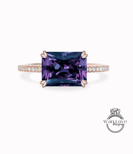 Anello di fidanzamento con zaffiro viola, colore alessandrite e diamante, smeraldo radiante, 14k, 18k, bianco, giallo, oro rosa, platino, matrimonio personalizzato