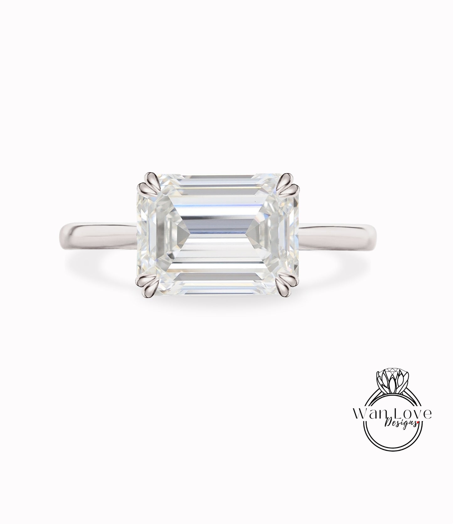 Anello di fidanzamento con smeraldo radiante East West Moissanite, 2 punte doppie, oro rosa giallo bianco 14k 18k, platino, personalizzato, matrimonio, WanLoveDesigns