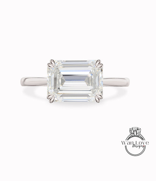 Moissanite East West Double prongs tapered plain band Emerald cut solitaire Engagement Ring, Cathedral Solitaire, 14k 18k Gold-Platinum-Custom-Bridal Wedding Ring-Anniversary Gift