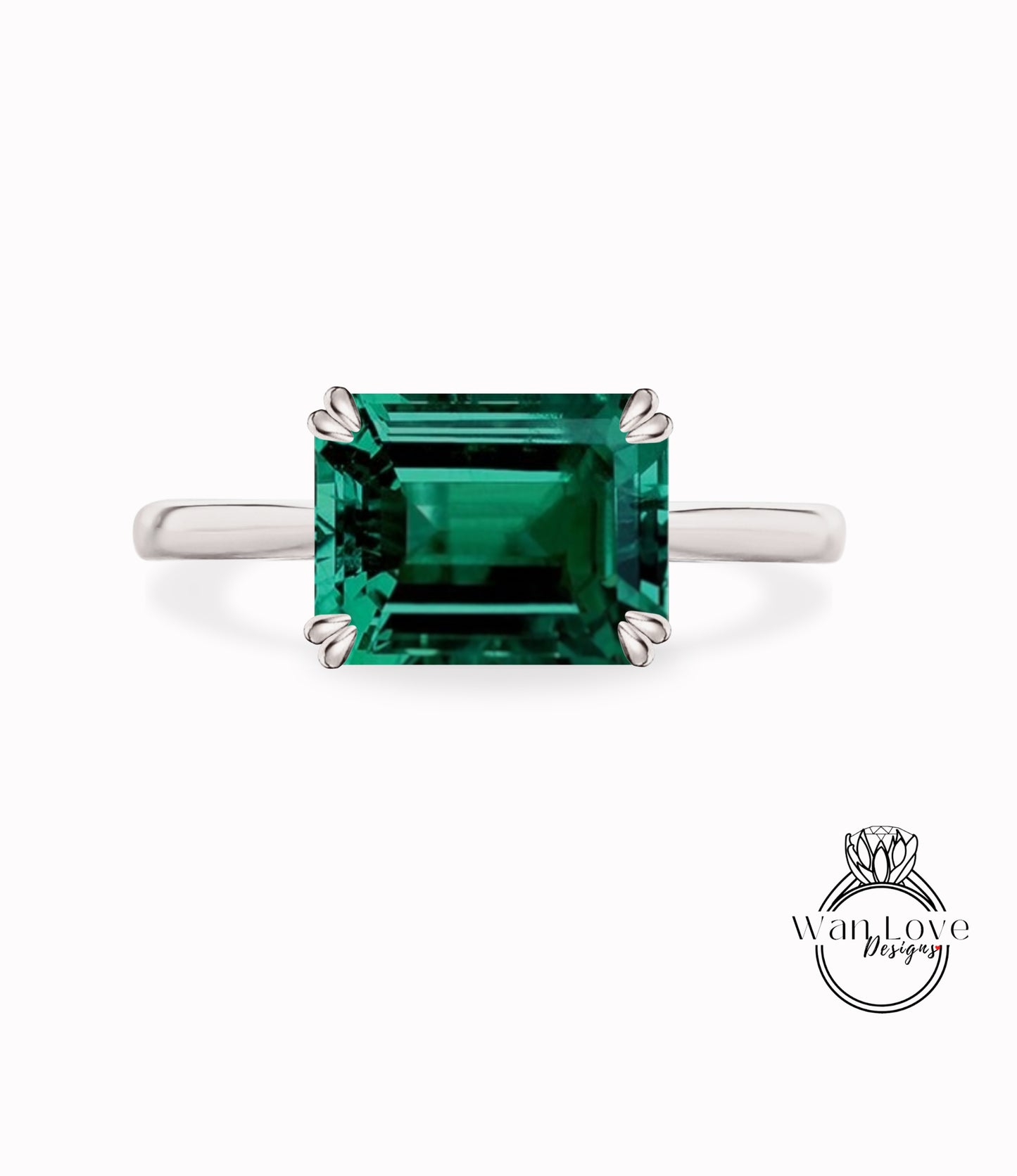 Anello di fidanzamento con smeraldo East West Emerald, solitario cattedrale, 14k 18k oro-platino-anniversario di matrimonio personalizzato, WanLoveDesigns