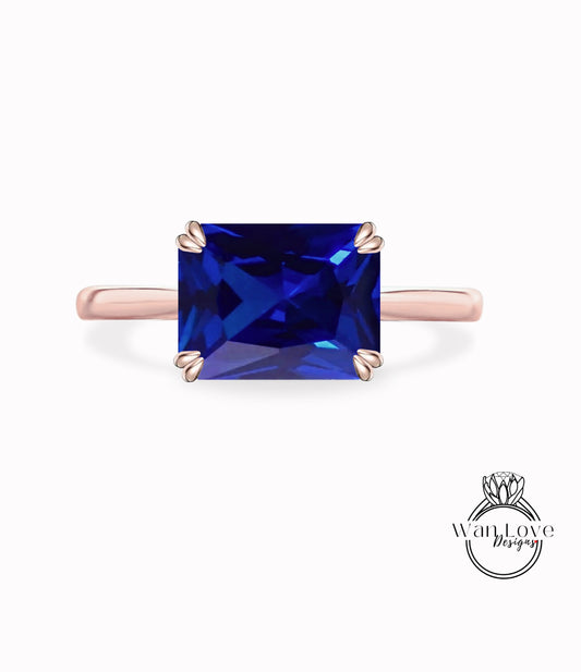 Blue Sapphire East West Double prongs tapered plain band Emerald cut solitaire Engagement Ring, Cathedral Solitaire, 14k 18k Gold-Platinum-Custom-Bridal Wedding Ring-Anniversary Gift