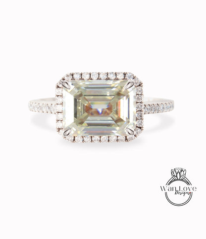 East West Emerald Halo Champagne Moissanite Anello di fidanzamento con diamanti Vintage Rose Gold Art Deco Radiant Moissanite Diamond Halo Anello nuziale