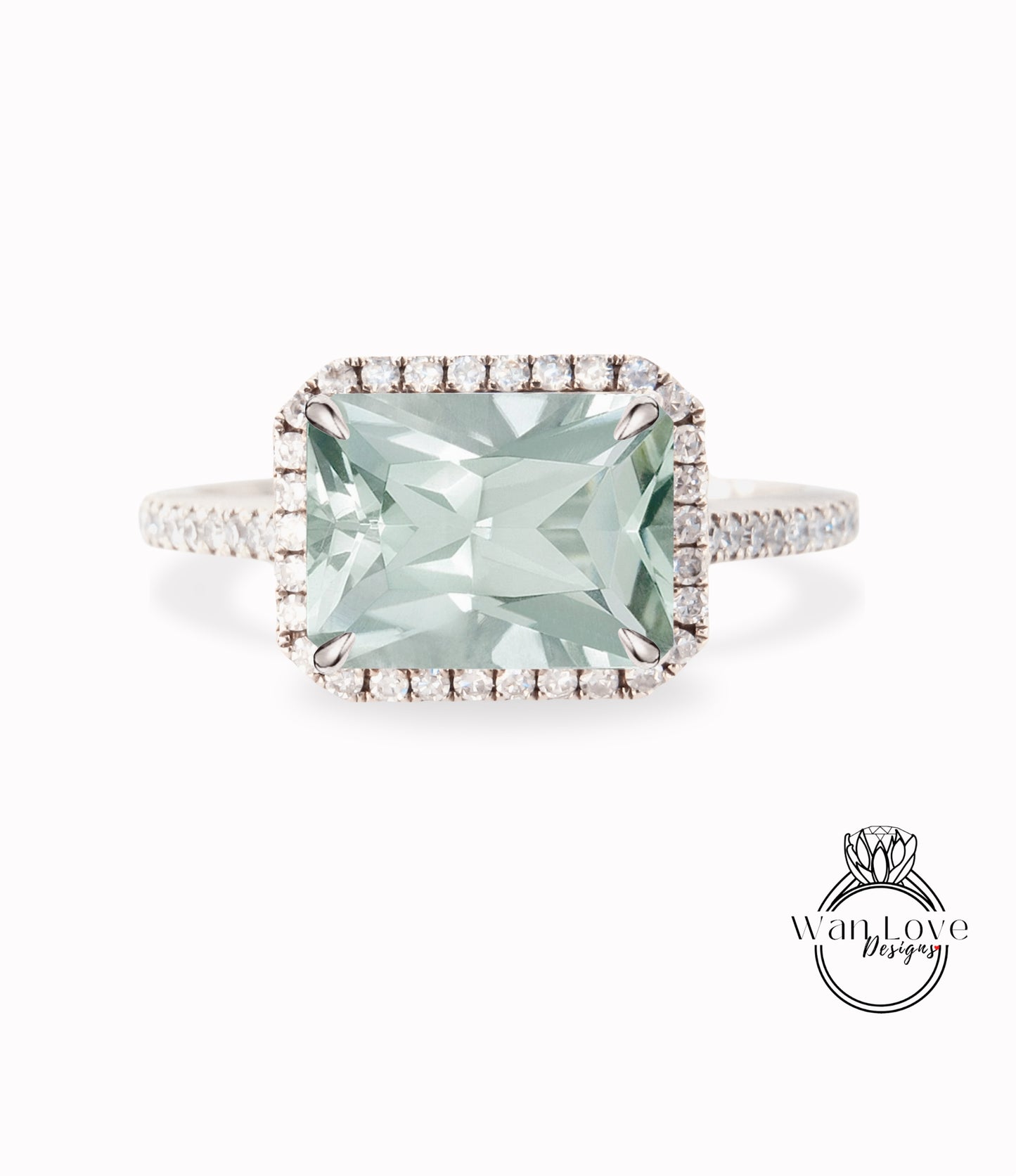 Prasiolite verde ametista e diamante Halo East West smeraldo anello di fidanzamento radiante, 14k 18k bianco giallo oro rosa, platino, personalizzato