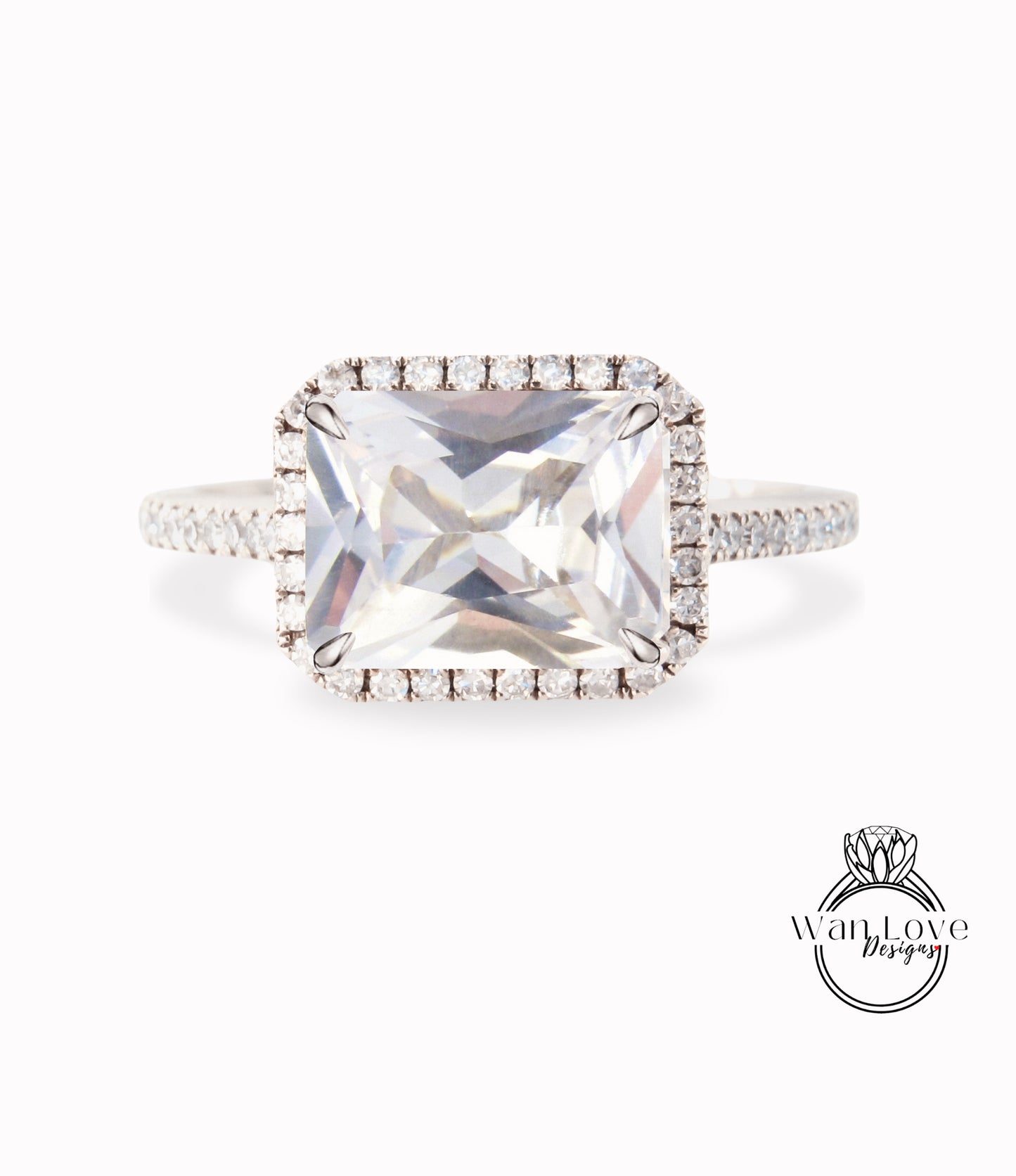 Zaffiro bianco diamante Halo East West smeraldo anello di fidanzamento radiante, 14k 18k bianco giallo oro rosa-platino-matrimonio personalizzato