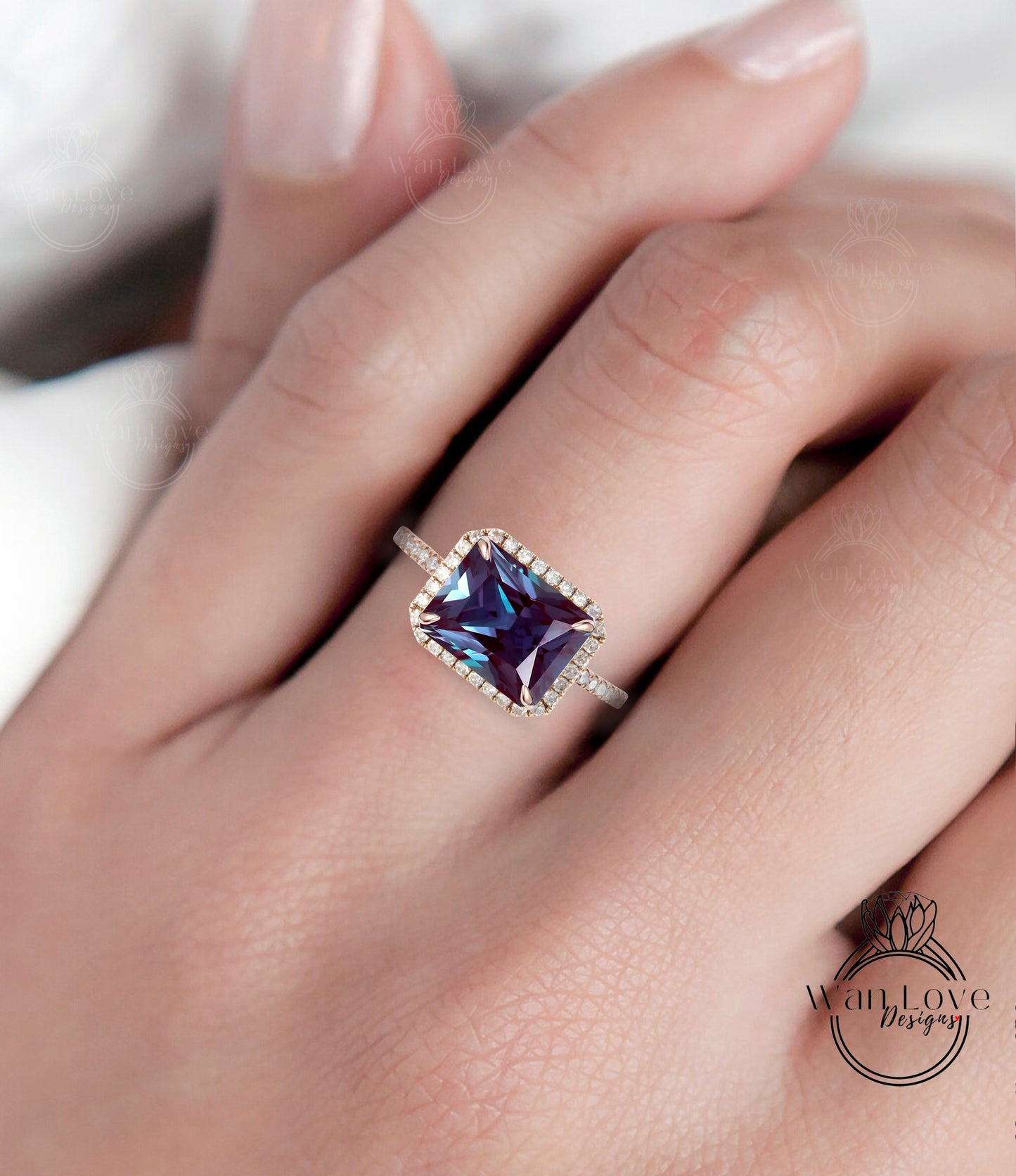 Alexandrite & Diamond engagement ring gold Unique east west Halo vintage engagement ring women half eternity diamond wedding Anniversary gift