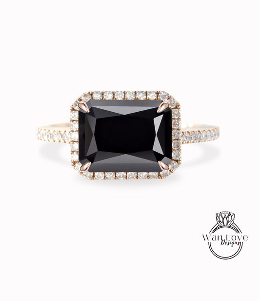 Anello di fidanzamento con spinello nero e diamanti East West Emerald Radiant Halo, regalo di anniversario di matrimonio personalizzato in oro 14kt 18kt-platino