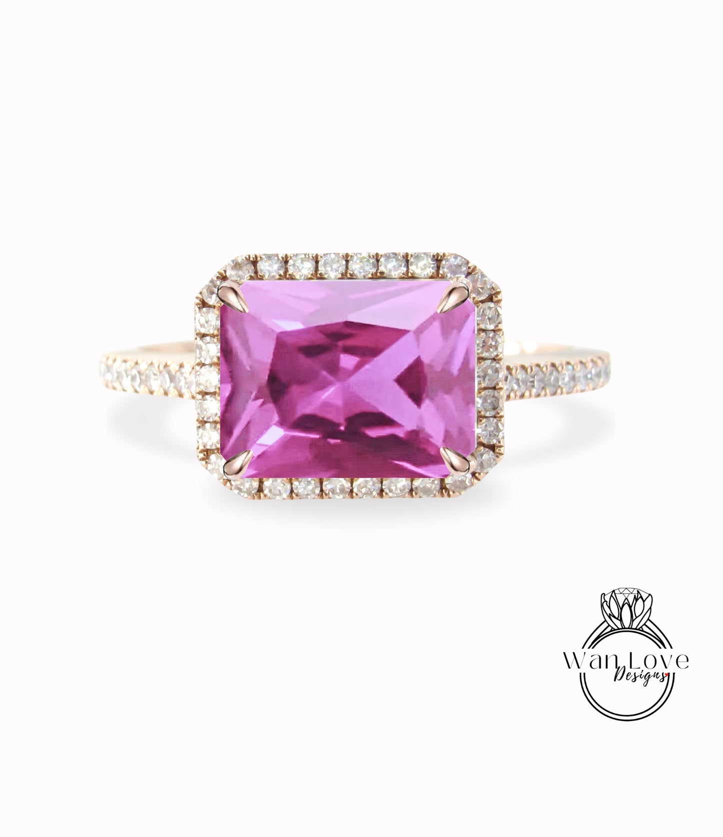 Anello di fidanzamento radiante con smeraldo orientale e diamante Halo, zaffiro rosa e diamante, 14k 18k bianco giallo oro rosa, platino, personalizzato, anniversario