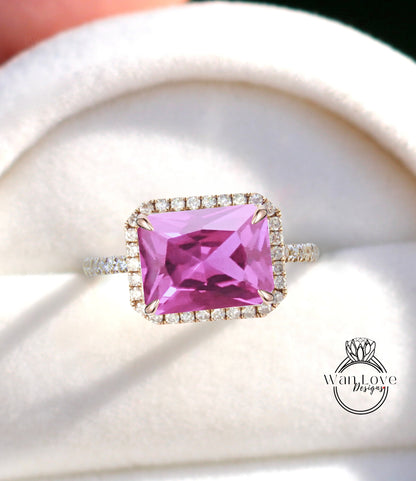 Anello di fidanzamento radiante con smeraldo orientale e diamante Halo, zaffiro rosa e diamante, 14k 18k bianco giallo oro rosa, platino, personalizzato, anniversario