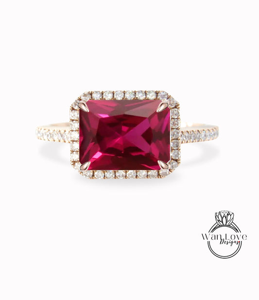 Anello di fidanzamento radiante con rubino e diamante Halo East West Emerald, 14k 18k bianco giallo oro rosa, platino, personalizzato, matrimonio, WanLoveDesigns