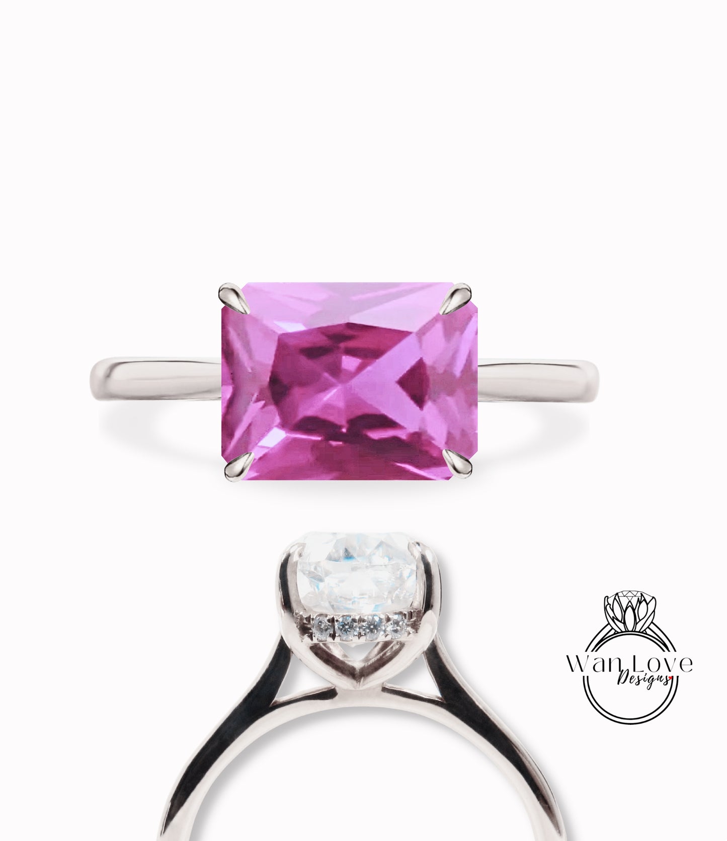 Pink Sapphire & Diamond engagement ring plain rose gold tapered band Unique east west Side Halo vintage engagement ring women diamond wedding Anniversary gift