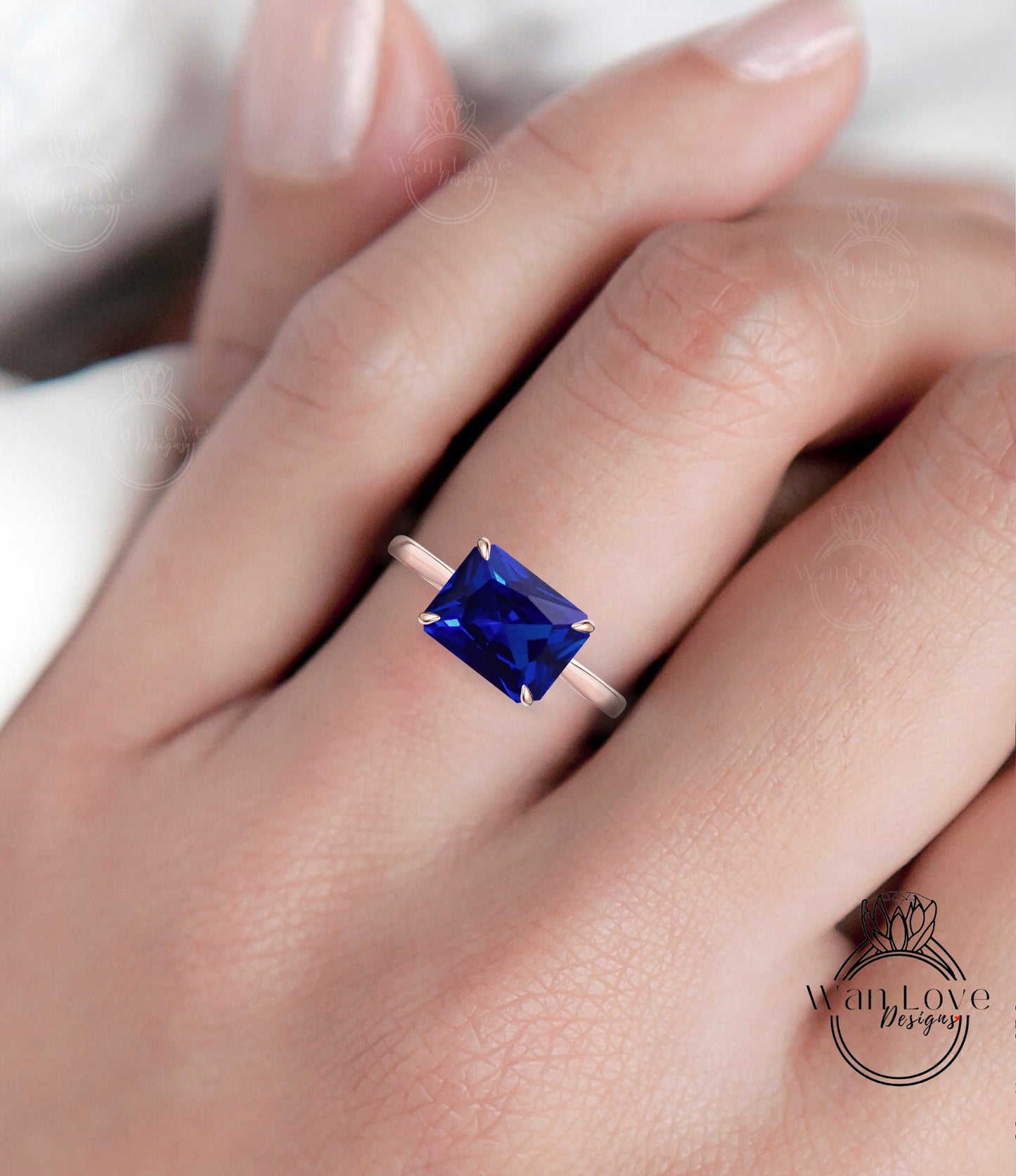 Blue Sapphire & Diamond engagement ring plain rose gold tapered band Unique east west Side Halo vintage engagement ring women diamond wedding Anniversary gift