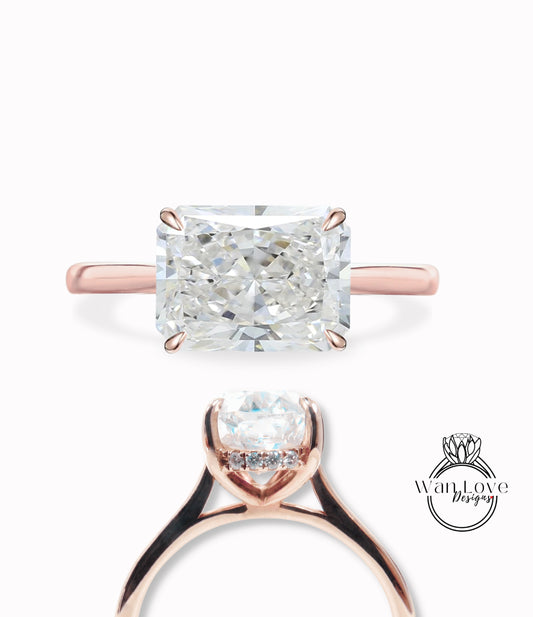East West Diamond Side halo Radiant engagement ring Tapered plain band Lab Diamond ring rose gold prong ring Art deco Solitaire wedding bridal Anniversary promise