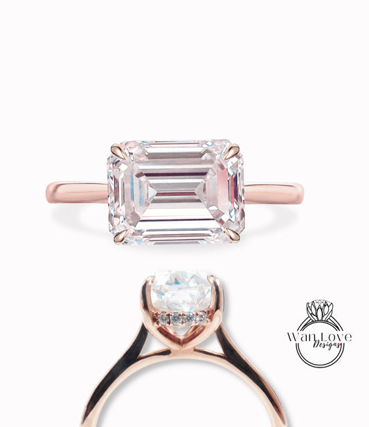 Light Pink Sapphire & Diamond engagement ring plain rose gold tapered band Unique east west Side Halo vintage engagement ring women diamond wedding Anniversary gift