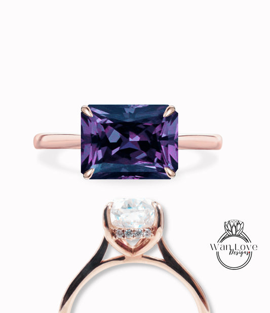 Purple Sapphire Alexandrite Color & Diamond engagement ring plain rose gold tapered band Unique east west Side Halo vintage engagement ring women diamond wedding Anniversary gift