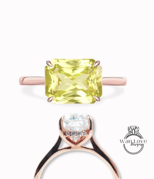 Yellow Sapphire & Diamond engagement ring plain rose gold tapered band Unique east west Side Halo vintage engagement ring women diamond wedding Anniversary gift