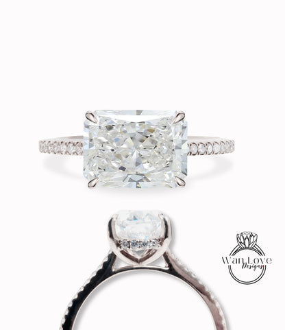 East west Diamond Radiant Side Halo Half Eternity Halfway Engagement Ring, Basket Cathedral, 14k 18k Gold-Platinum-Custom made IGI Lab Diamond-Bridal Wedding ring-Anniversary Gift