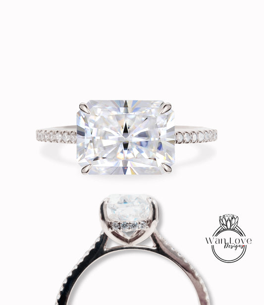 Emerald cut Moissanite engagement ring gold Unique east west Halo engagement ring women almost eternity diamond wedding Anniversary gift