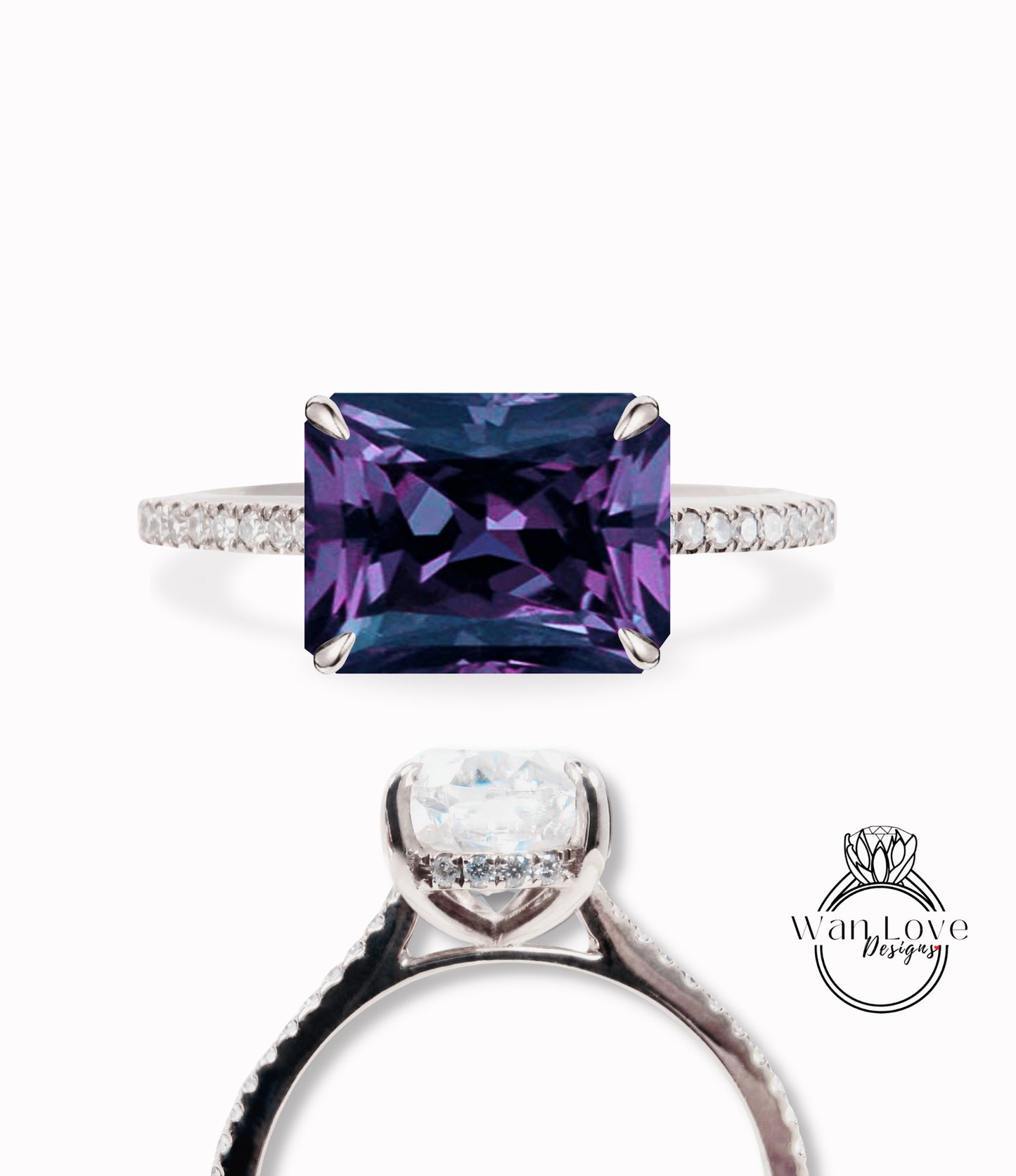 Purple Sapphire Alexandrite Color Change & Diamond East West Side Halo half eternity Emerald cut Engagement Ring Cathedral 14k 18k White Yellow Rose Gold Platinum Custom Wedding Anniversary Gift