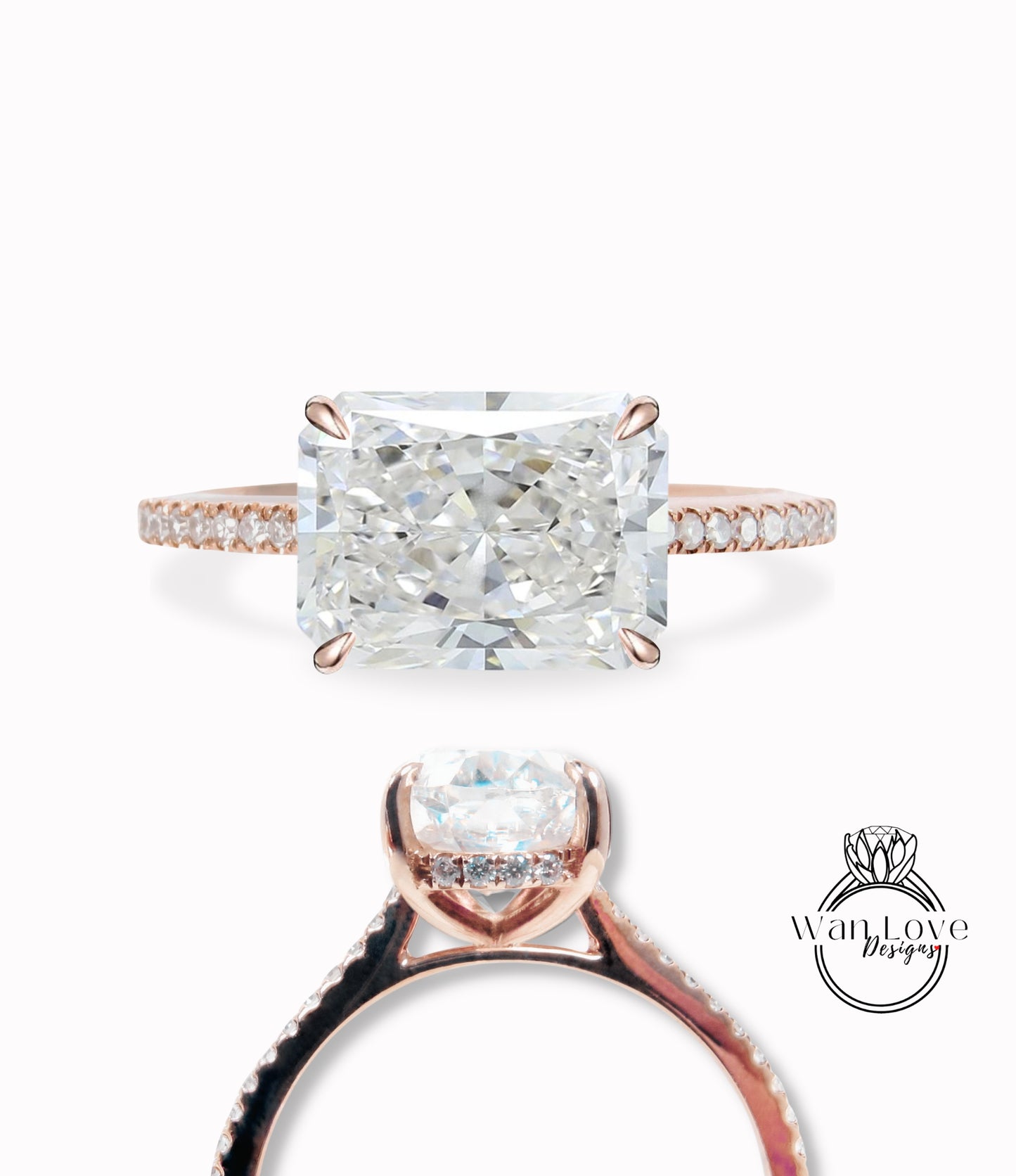 East west Diamond Radiant Side Halo Half Eternity Halfway Engagement Ring, Basket Cathedral, 14k 18k Gold-Platinum-Custom made IGI Lab Diamond-Bridal Wedding ring-Anniversary Gift