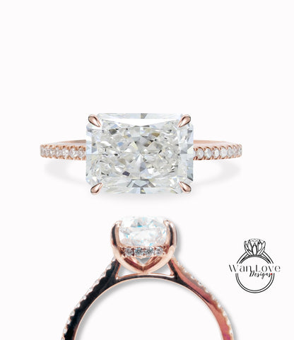 East west Diamond Radiant Side Halo Half Eternity Halfway Engagement Ring, Basket Cathedral, 14k 18k Gold-Platinum-Custom made IGI Lab Diamond-Bridal Wedding ring-Anniversary Gift