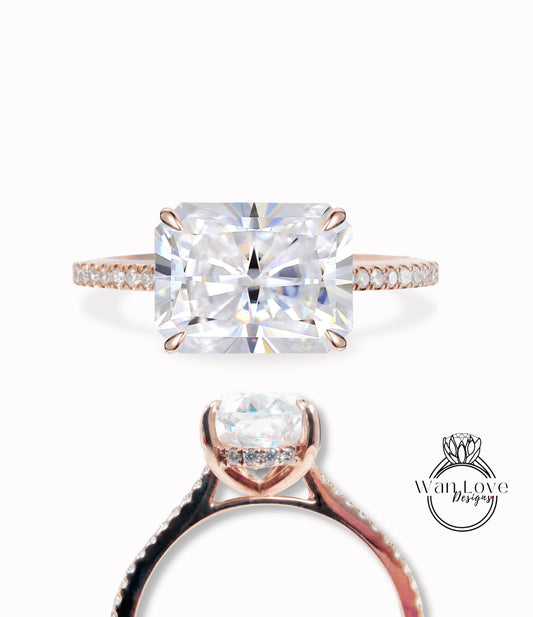 East west Emerald Moissanite Engagement Ring Radiant Side Halo Diamond gold Ring Art Deco Wedding Bridal Ring Anniversary Promise Ring