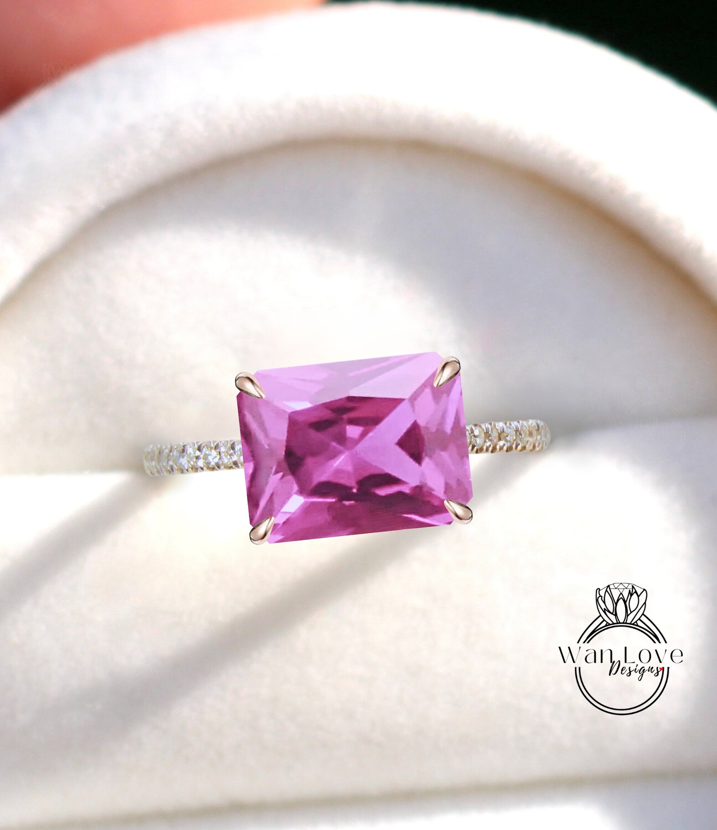 Anello di fidanzamento radiante con smeraldo orientale e diamante Halo, zaffiro rosa e diamante, 14k 18k bianco giallo oro rosa, platino, personalizzato, anniversario