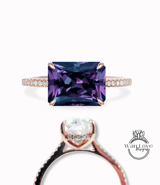 Purple Sapphire Alexandrite Color Change & Diamond East West Side Halo half eternity Emerald cut Engagement Ring Cathedral 14k 18k White Yellow Rose Gold Platinum Custom Wedding Anniversary Gift