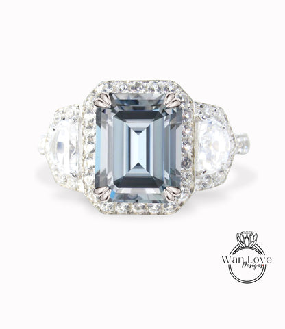 Anello di fidanzamento grigio Moissanite anello in oro vintage Art deco mezza luna diamante alone fascia a 3 lati Polo nuziale Promessa nuziale Anello anniversario