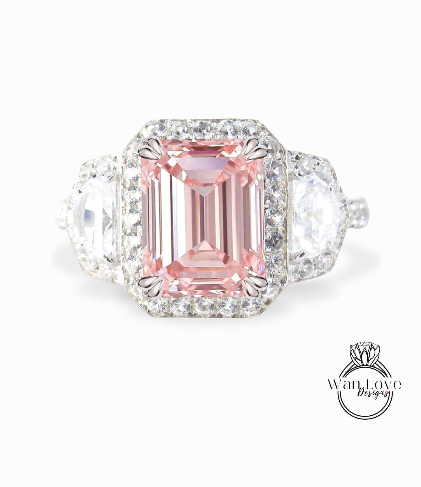 Anello di fidanzamento con zaffiro rosa chiaro e diamanti, trapezio a mezzaluna con smeraldo, 3 ct, 9x7 mm, oro 14 kt, platino, anniversario di matrimonio personalizzato