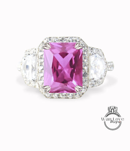 Anello di fidanzamento con diamante zaffiro rosa e mezza luna trapezoidale 3ct 9x7mm 14k 18k bianco giallo oro rosa platino regalo di anniversario di matrimonio personalizzato