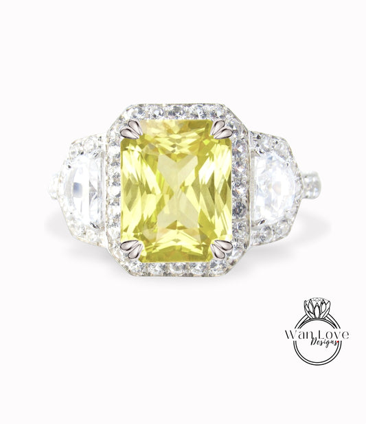 Yellow Sapphire & Diamonds Engagement Ring Emerald Half Moon Trapezoid Art Deco Ring 3ct 9x7mm 14kt 18kt Gold-Platinum-Custom-Bridal Wedding ring Anniversary Gift