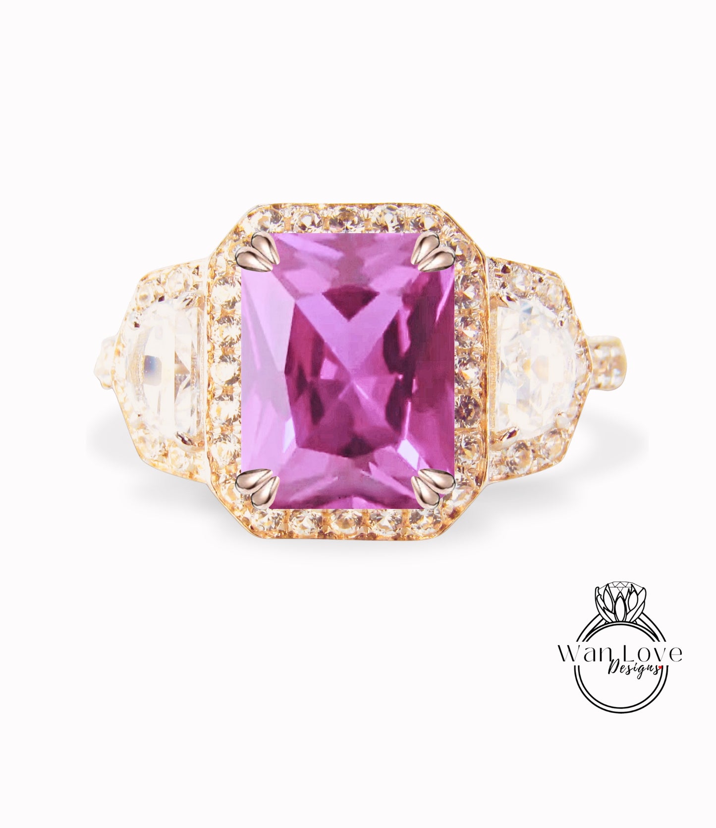 Anello di fidanzamento con diamante zaffiro rosa e mezza luna trapezoidale 3ct 9x7mm 14k 18k bianco giallo oro rosa platino regalo di anniversario di matrimonio personalizzato